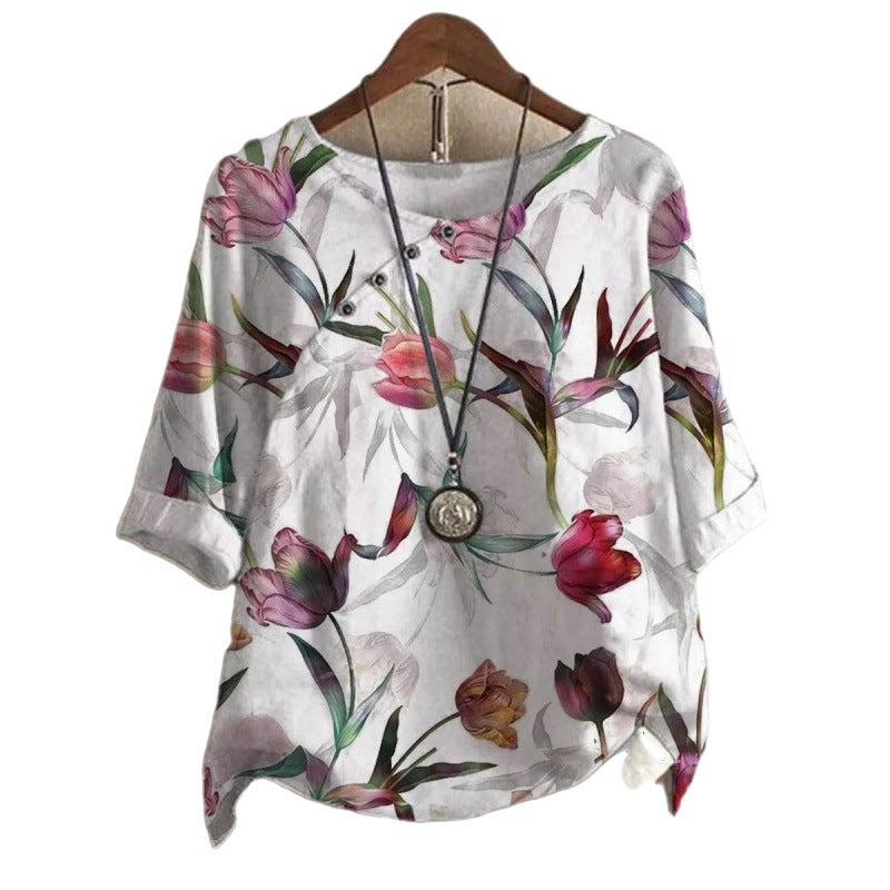 Women's Fashionable Retro Printed Cotton And Linen Short-sleeved T-shirt