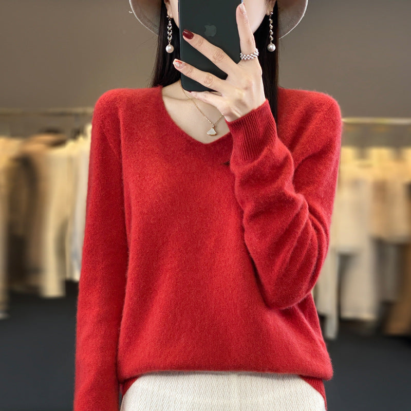 Women's V-Neck Wool Sweater - Solid Color Loose-Fitting Versatile Top for Autumn and Winter