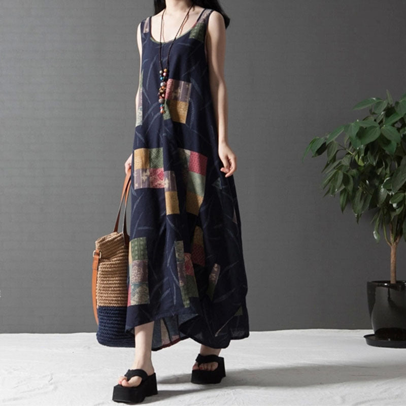 Literary Flower Printing Cotton And Linen Sleeveless Long Jumper Dress