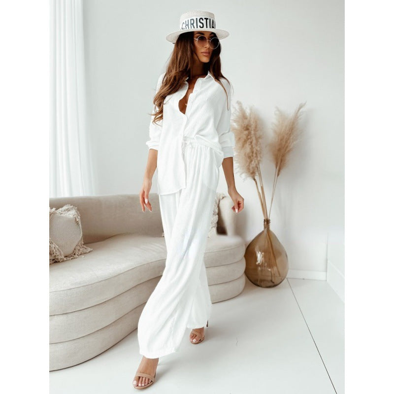 Relaxed and Comfortable: Long-Sleeved Wrinkle Shirt with Wide-Leg Pants Casual Suit