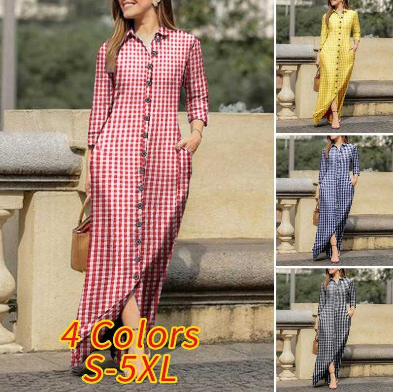 Women's Long Sleeve Plaid Maxi Dress Lapel Collar and Button Dress