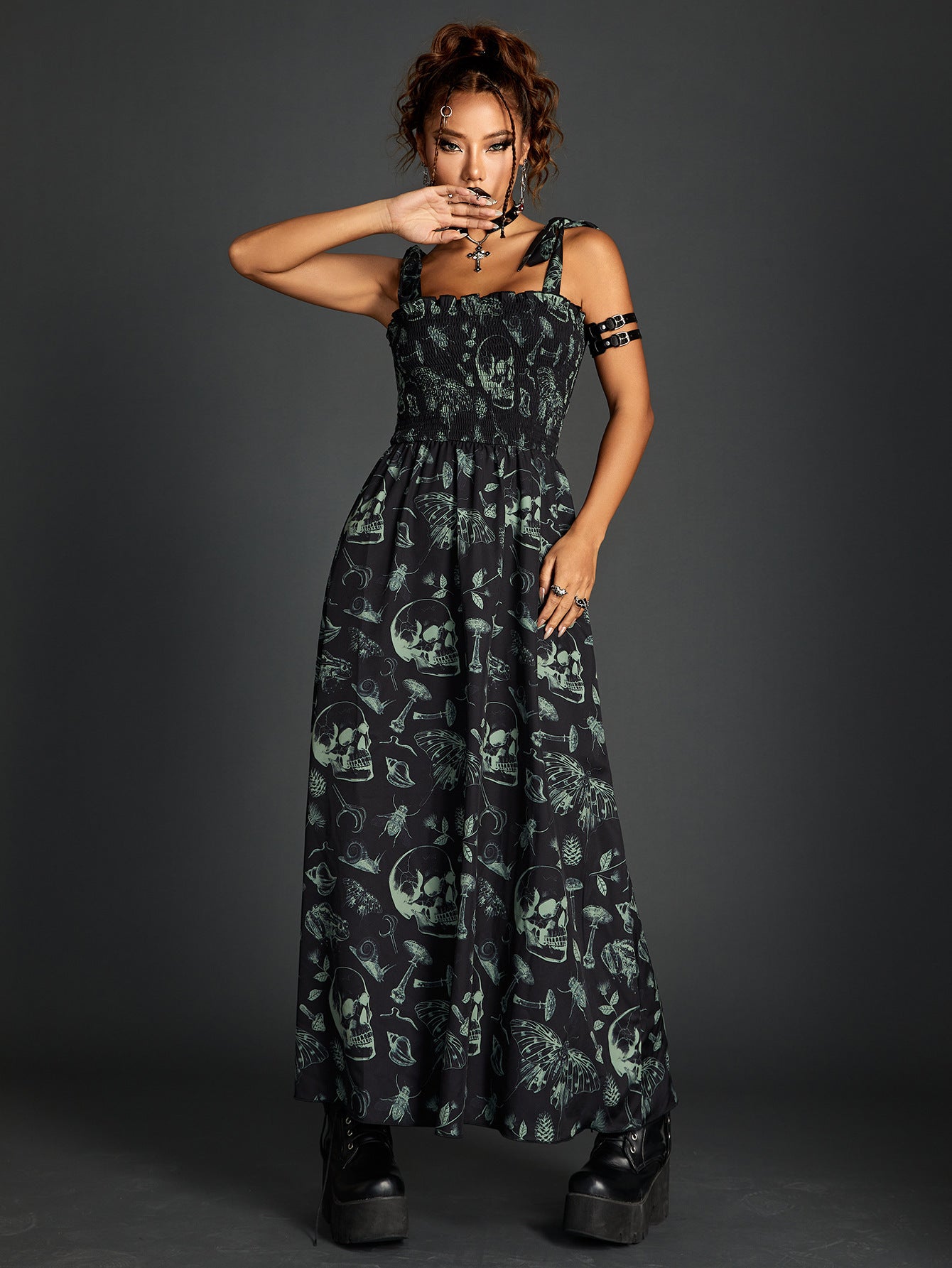 Smocking Lace-Up Tube Top Dress with Dark Printing