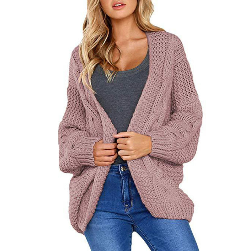 Women's Solid Color Thick Needle Loose Plus Size Knitwear Sweater Twist Cardigan