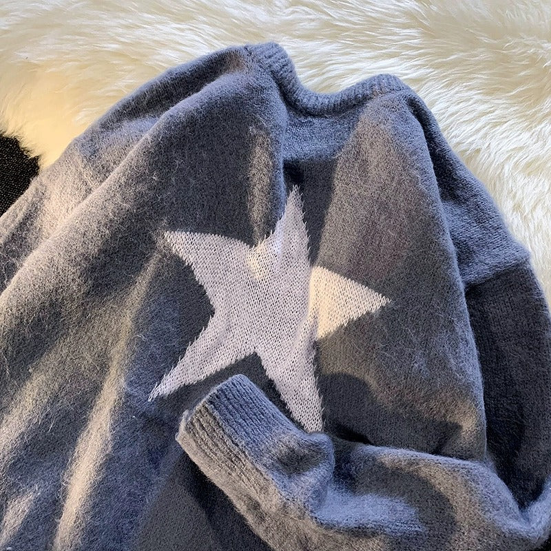 Star Print Round Neck BF Pullover Sweater