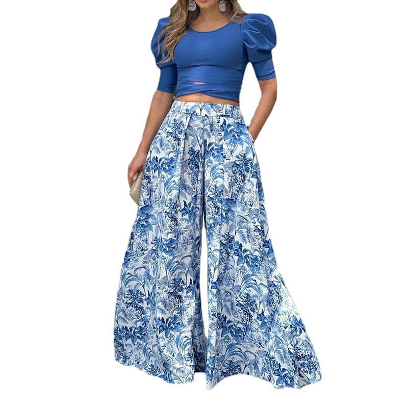 Puff Sleeve Cross Hem Short Top Printed Wide Leg Pants Suit