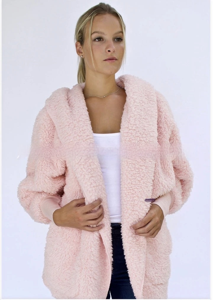 Furry Hooded Cardigan Coat for Women with Pocket Design