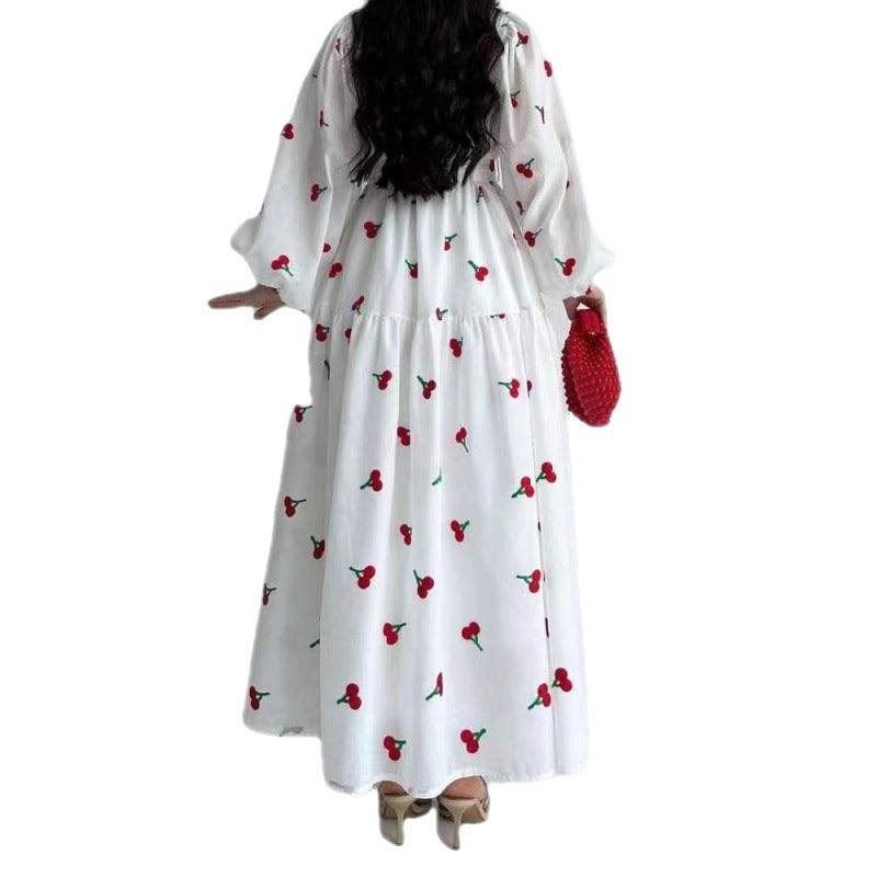 Fruit Printed Long Sleeve Waist-tight Middle East Dress