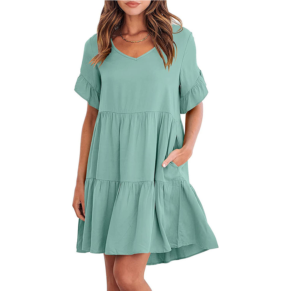 Summer Casual V-neck Little-girl Style Clothes Three-layer Pleated Dress