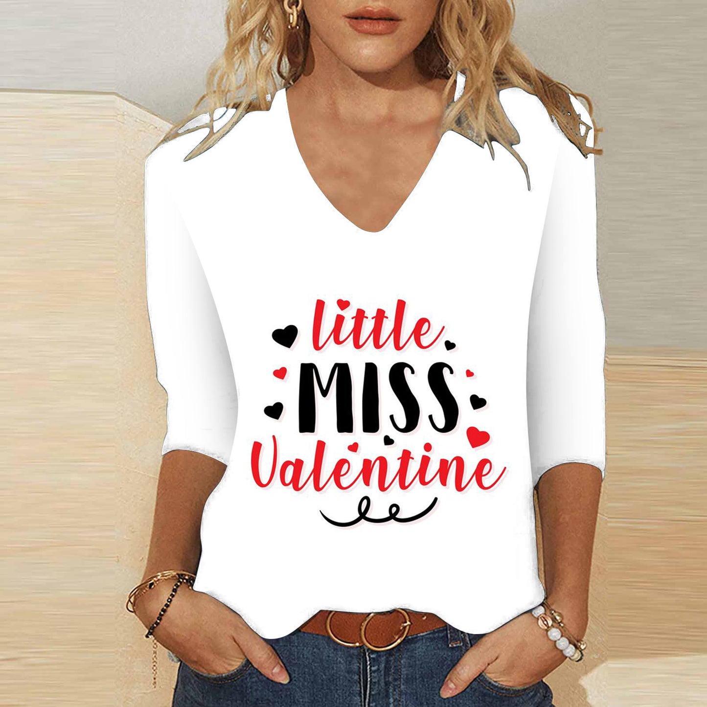 3d Digital Printing Valentine's Day Heart Printing Women's Cute Casual Loose V-neck 34 Sleeves T-shirt