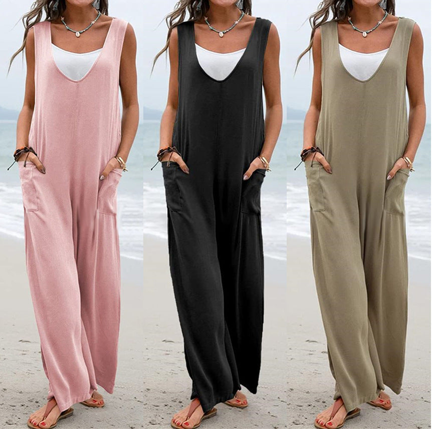 Solid Color Patch Pocket Fashionable Jumpsuit V-neck