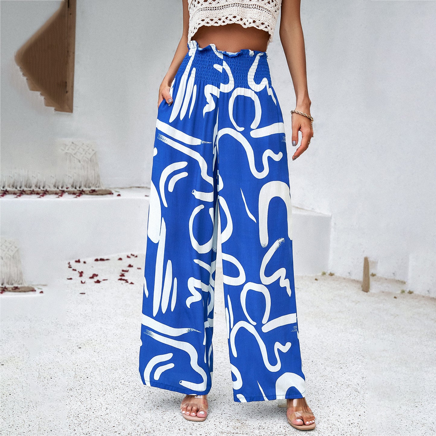 Summer Loose Elastic High Waist Straight Pants: Printed Trousers for Women