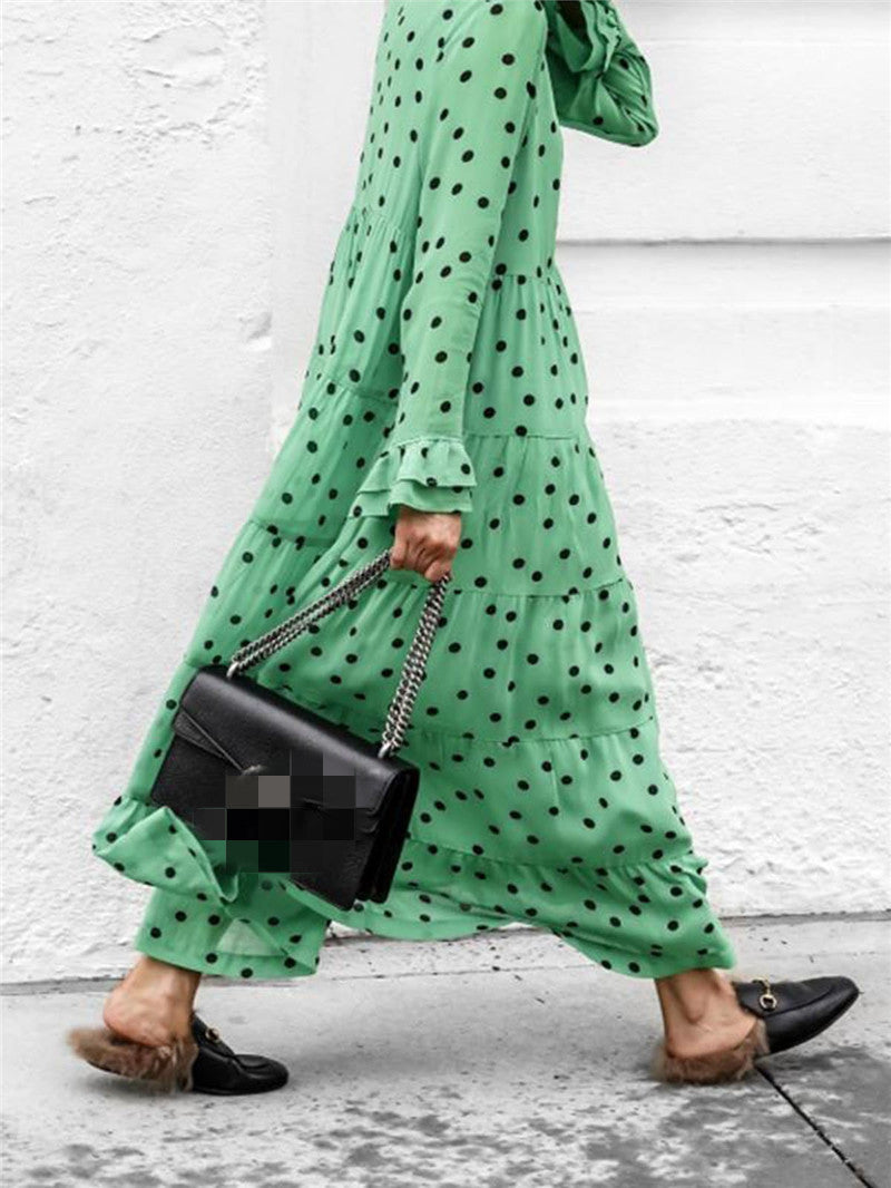 Polka Dot Deep V-Neck Dress with a Flowing Long Skirt