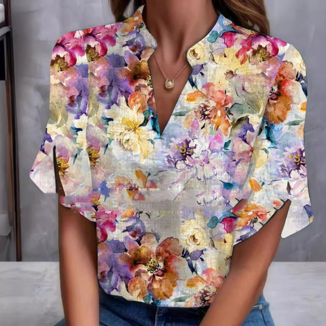 Women's V-Neck Half Sleeve Digital Printed Top T-shirt
