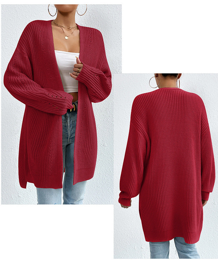 Solid Color Loose Medium Length Knitted Cardigan Sweater Jacket