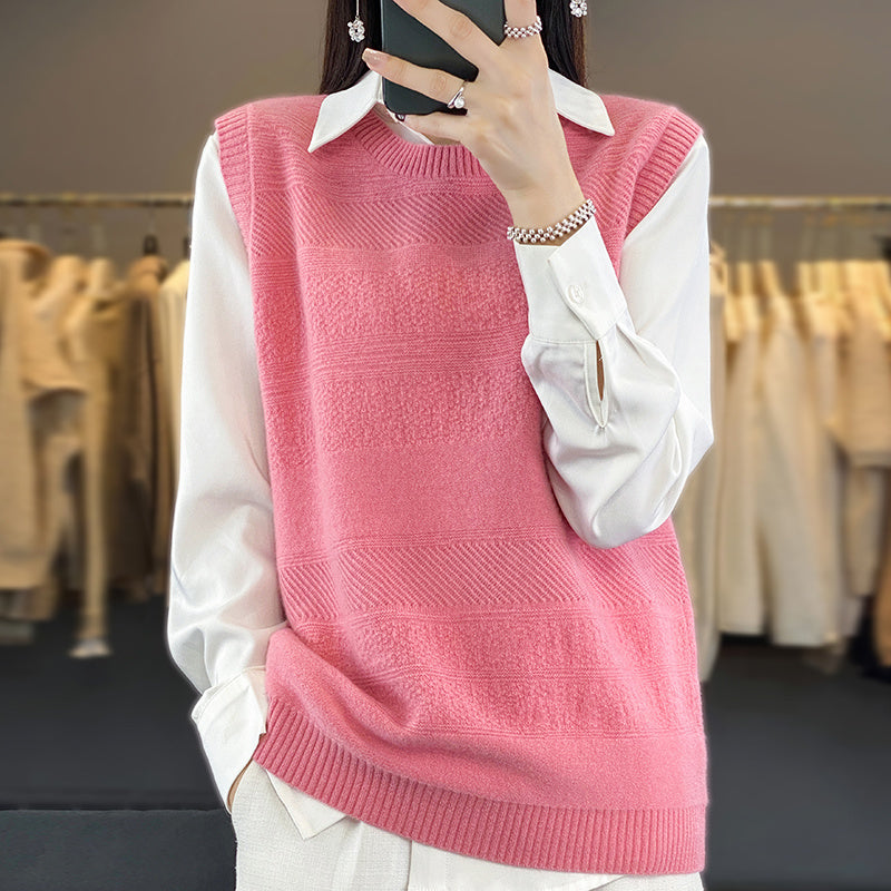 Women's Round Neck Loose-Fit Cashmere Knitted Pullover Sweater Vest