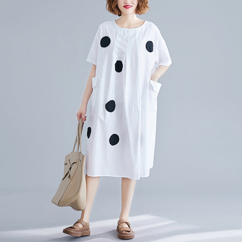 Korean-Style Polka Dot Print Midi Dress for Plus-Size Women