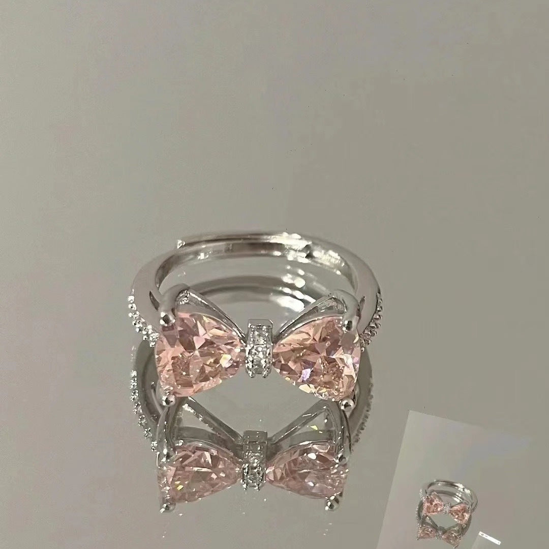 Princess's Castle Pink Zircon Bow Ring Open Index Finger