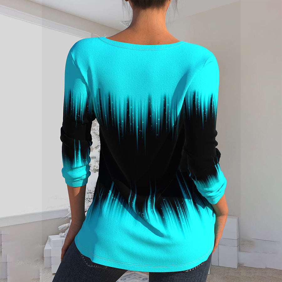 Hollow V-Neck Long Sleeve Printed T-shirt Shirt for Women