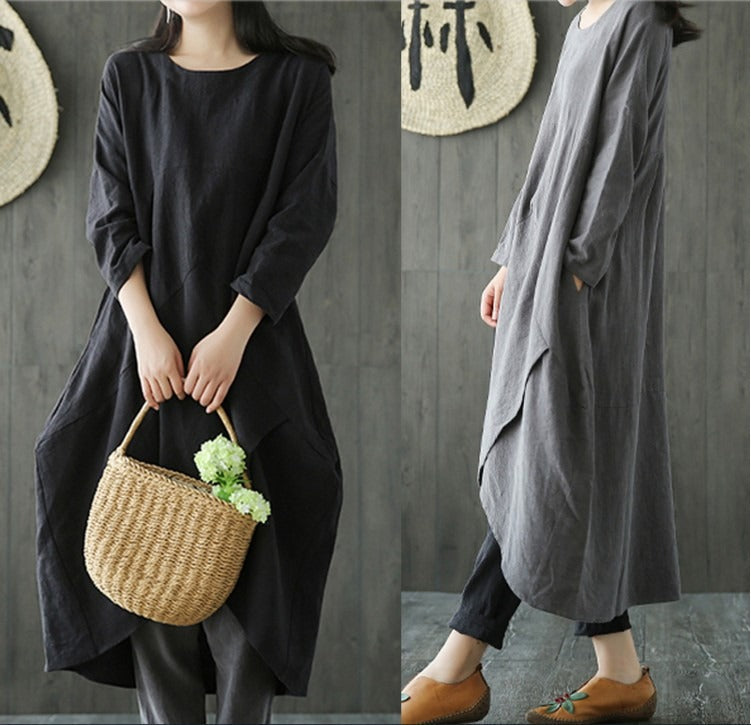 Borrowing shoulder sleeves cotton linen loose fitting dress