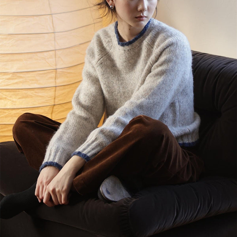 Contrast Color Round Neck Sweater with Knitted Collar