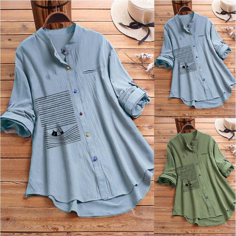 Fashionable Casual Design Cotton Long-Sleeved Blouse