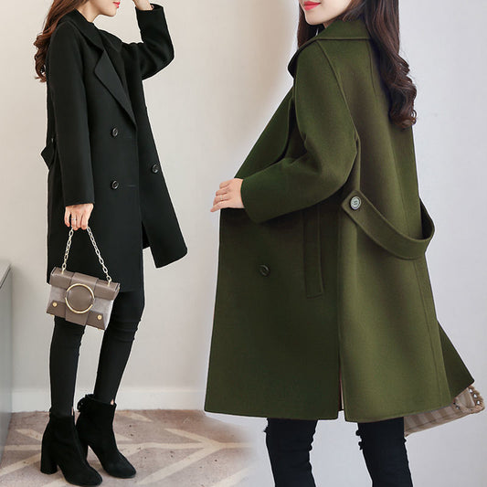 Cotton and Wool Blend Thickened Slimming Wool Overcoat for Women