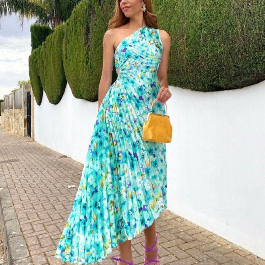 Women's Fashionable One-shoulder Printed Dress