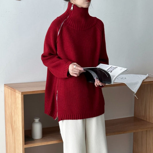 Women's Zip Turtleneck Sweater Fashionable Loose Sweater