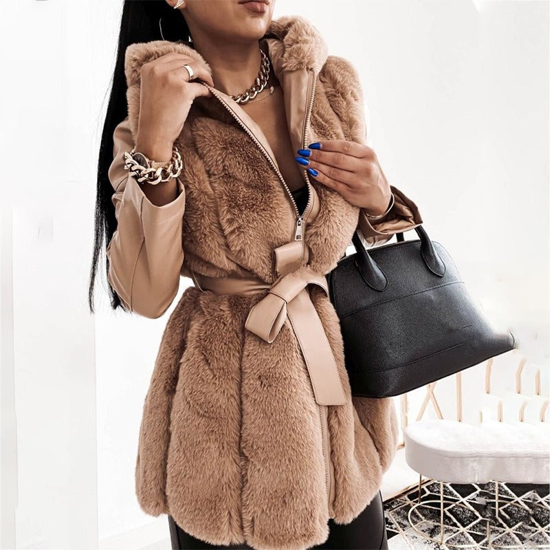 New faux fur jacket for women with belt and hood, solid color zippered jacket jacket