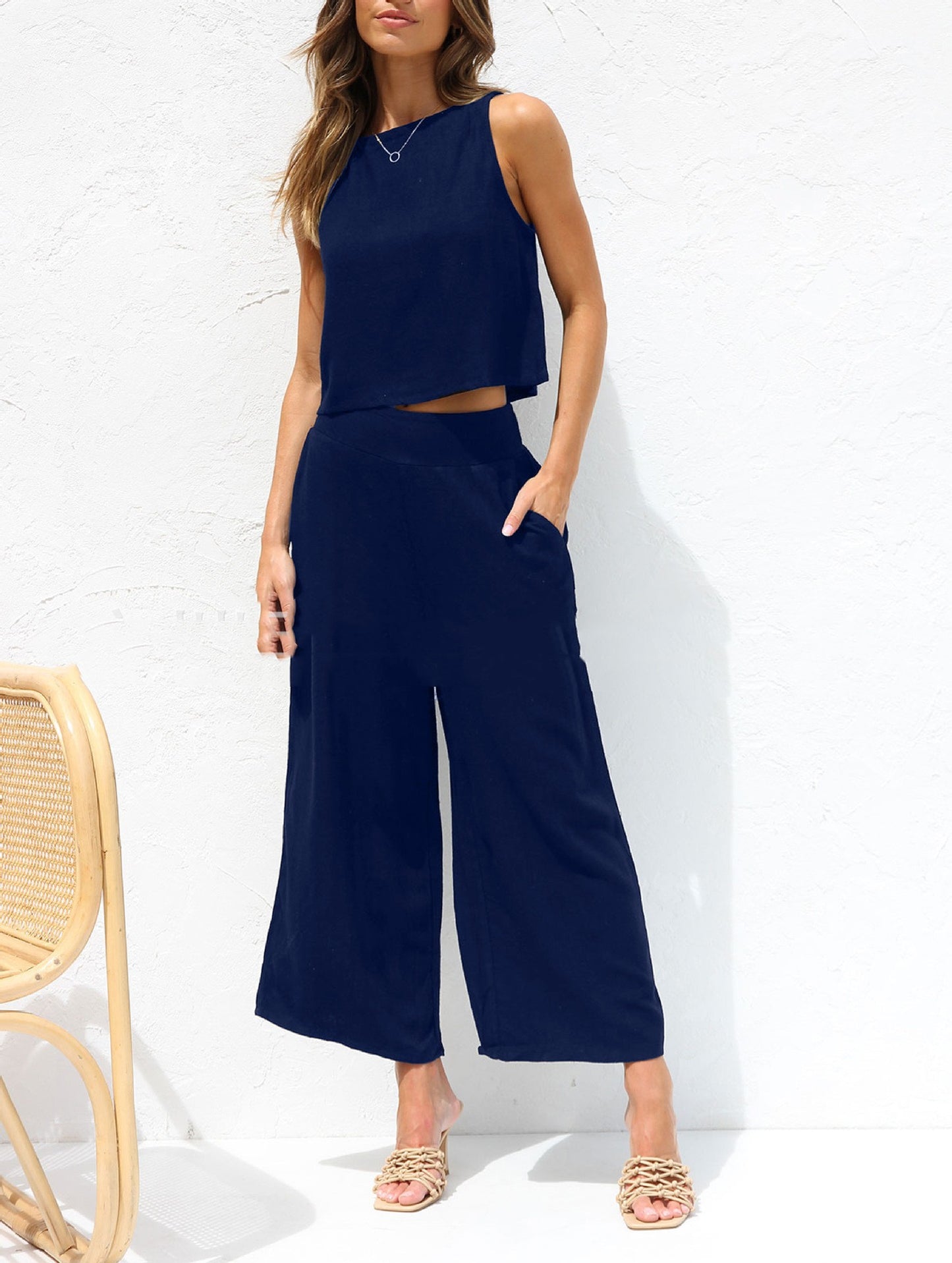 Casual Sleeveless Buckle Vest with Double Pocket Wide Leg Pants Suit