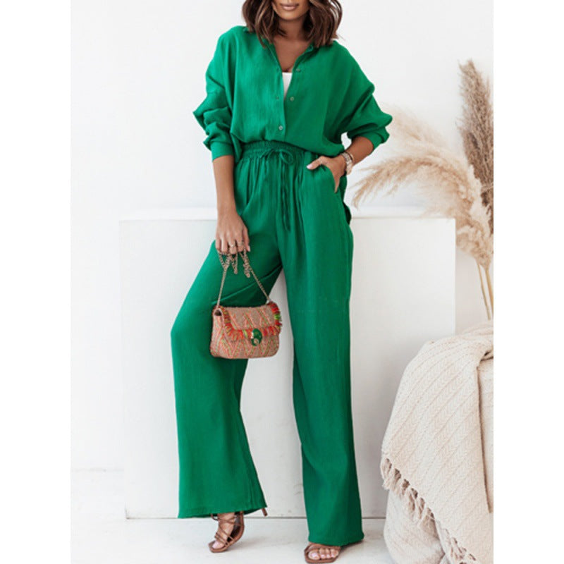 Relaxed and Comfortable: Long-Sleeved Wrinkle Shirt with Wide-Leg Pants Casual Suit