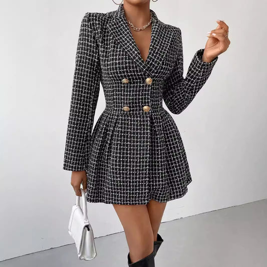 Chic Plaid V-Neck Long Sleeve Skirt Coat for Effortless Commuting Style