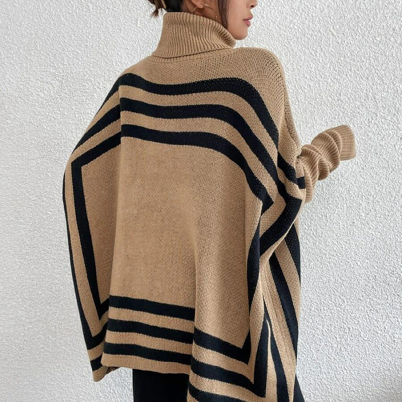 Striped Bat Sleeve Cape Shawl Sweater for Women with High Neck