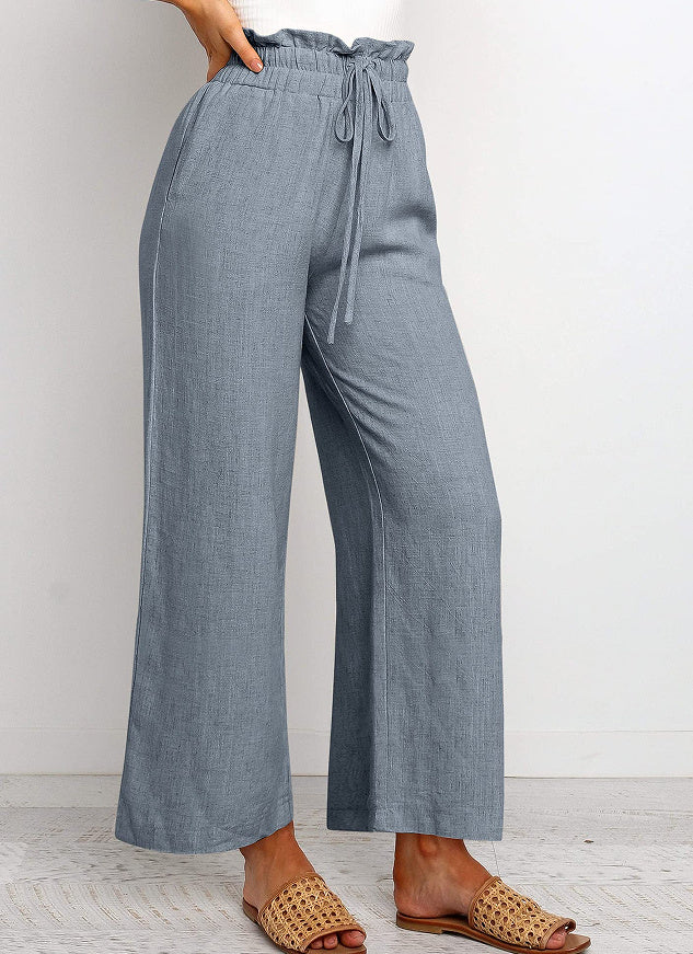 Solid Color Cropped Pants with Elastic Waistband and Lace-Up Wide Legs