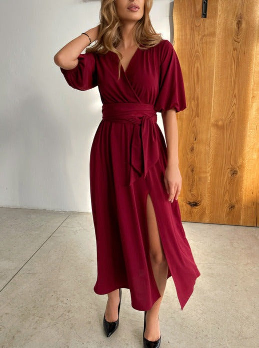 Stylish Women's V-Neck Maxi Dress Lantern Sleeves