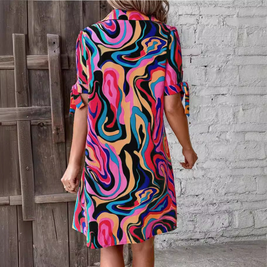 Casual Fluid Print Shirt Dress with Half Sleeves and Bow Detail