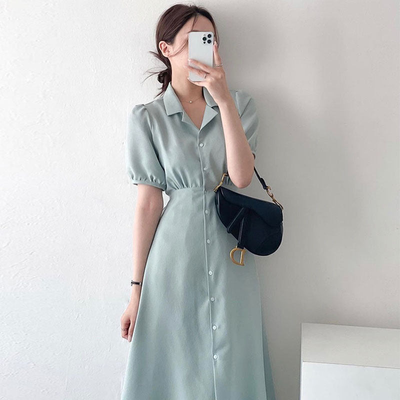 Summer Soft Bubble Sleeve Shirt Dress