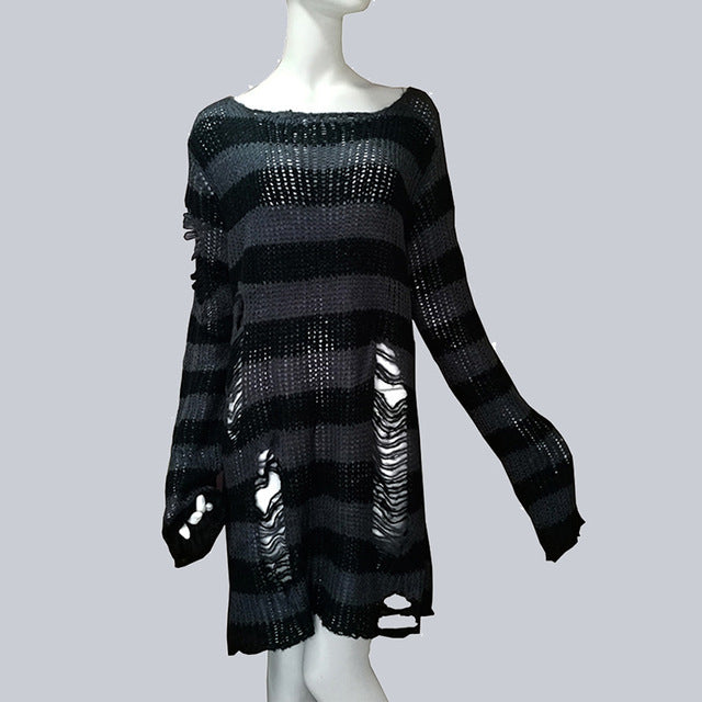 Womens Striped Loose Knitwear With Ripped Mid-length Sweater