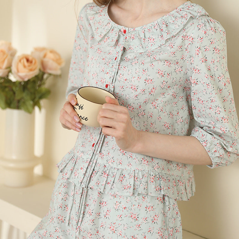 Floral Cardigan Pajama Set Lace Collar