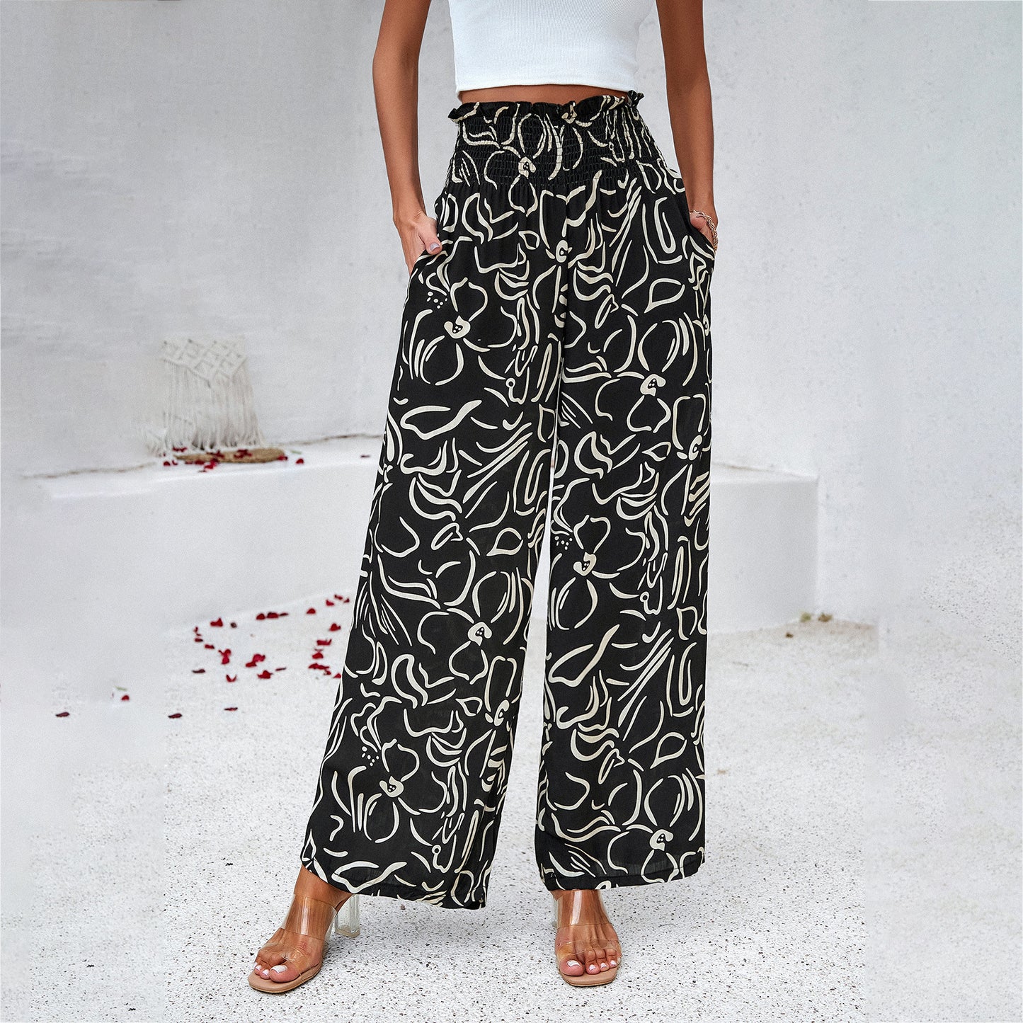 Summer Loose Elastic High Waist Straight Pants: Printed Trousers for Women