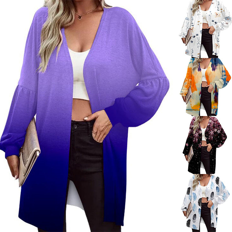 Printed Long Sleeve Fashion Cardigan Knitted Coat Women