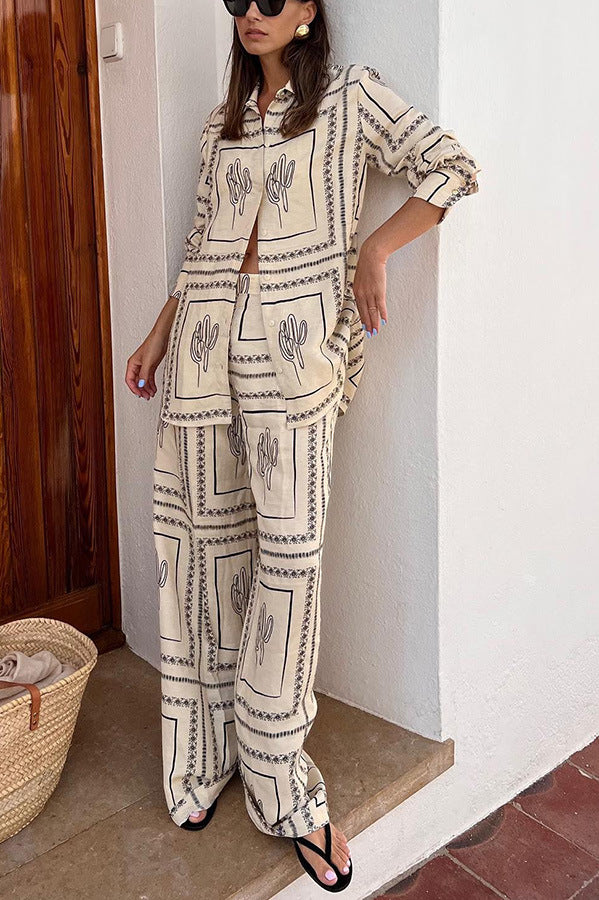 Printed Long Sleeved Shirt Pants Two-piece Set For Home Wear
