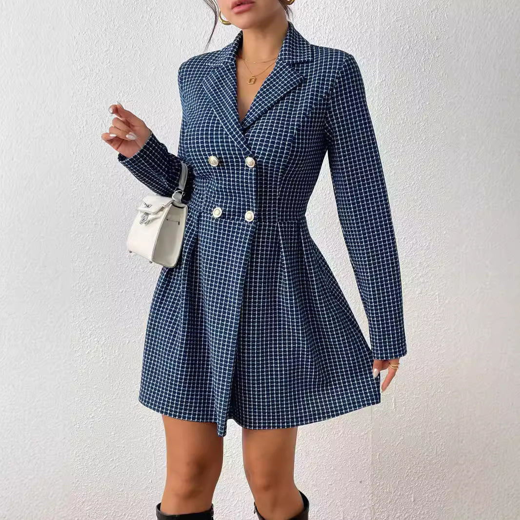 Chic Plaid V-Neck Long Sleeve Skirt Coat for Effortless Commuting Style