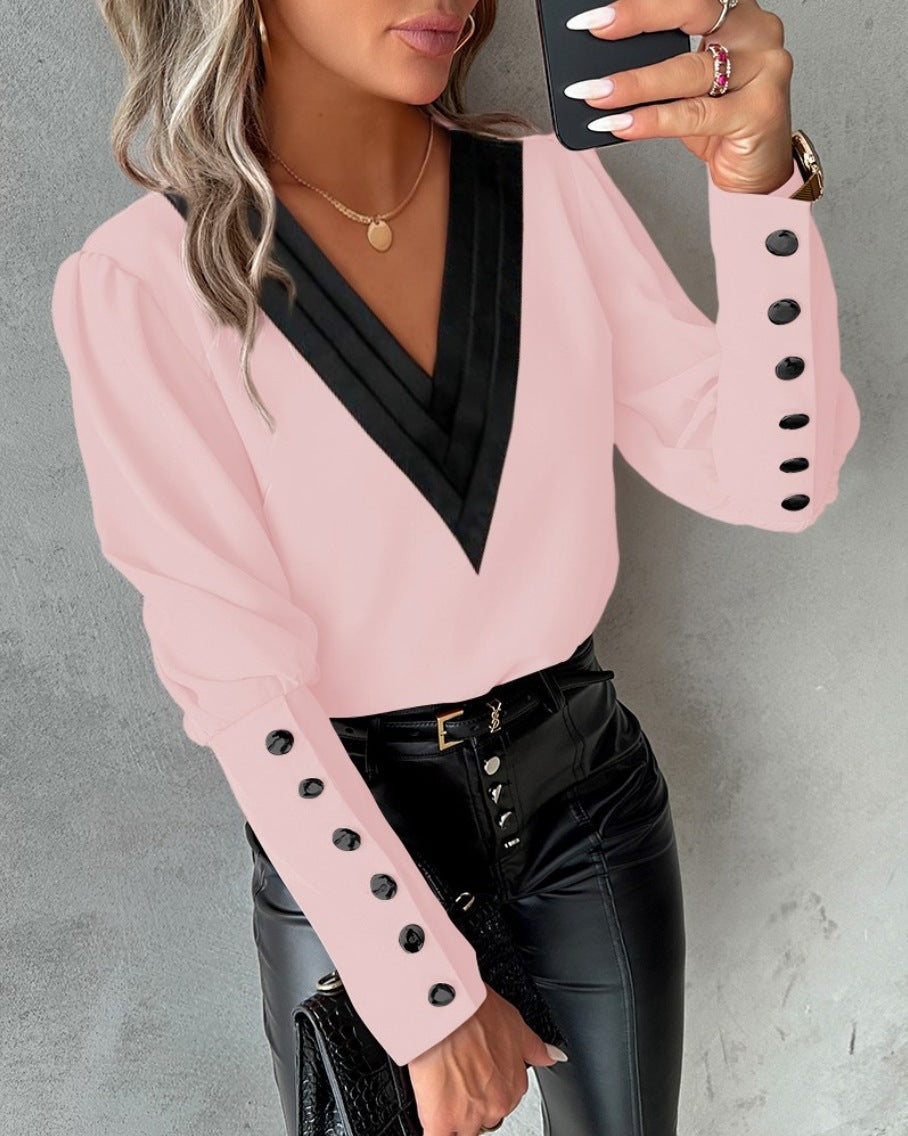 Autumn Fashion V-Neck Solid Color Long Sleeve Button-Up Blouse for Women