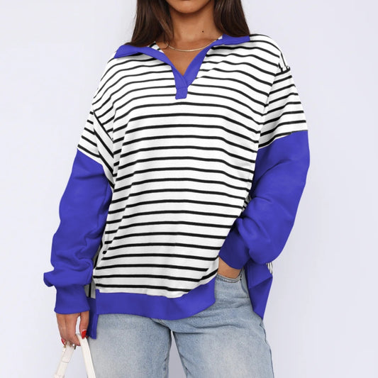 Women's Loose Fit Contrast Color Striped Sweater with Side Slits