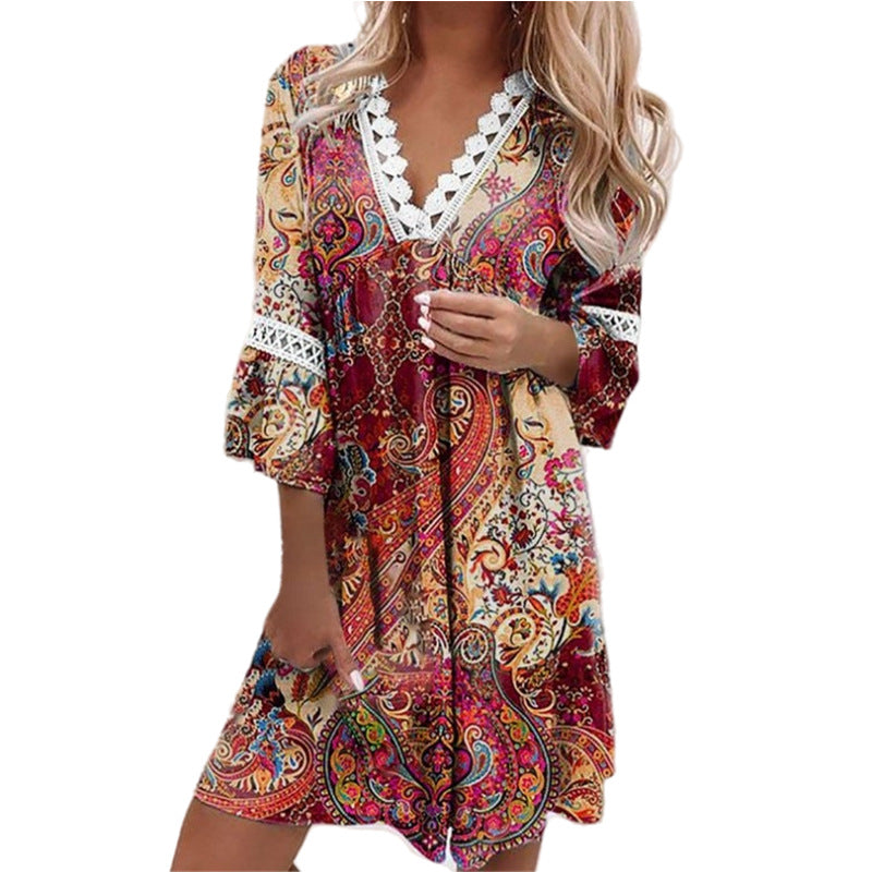 Women's Lace V-neck Patchwork Loose Casual Dress