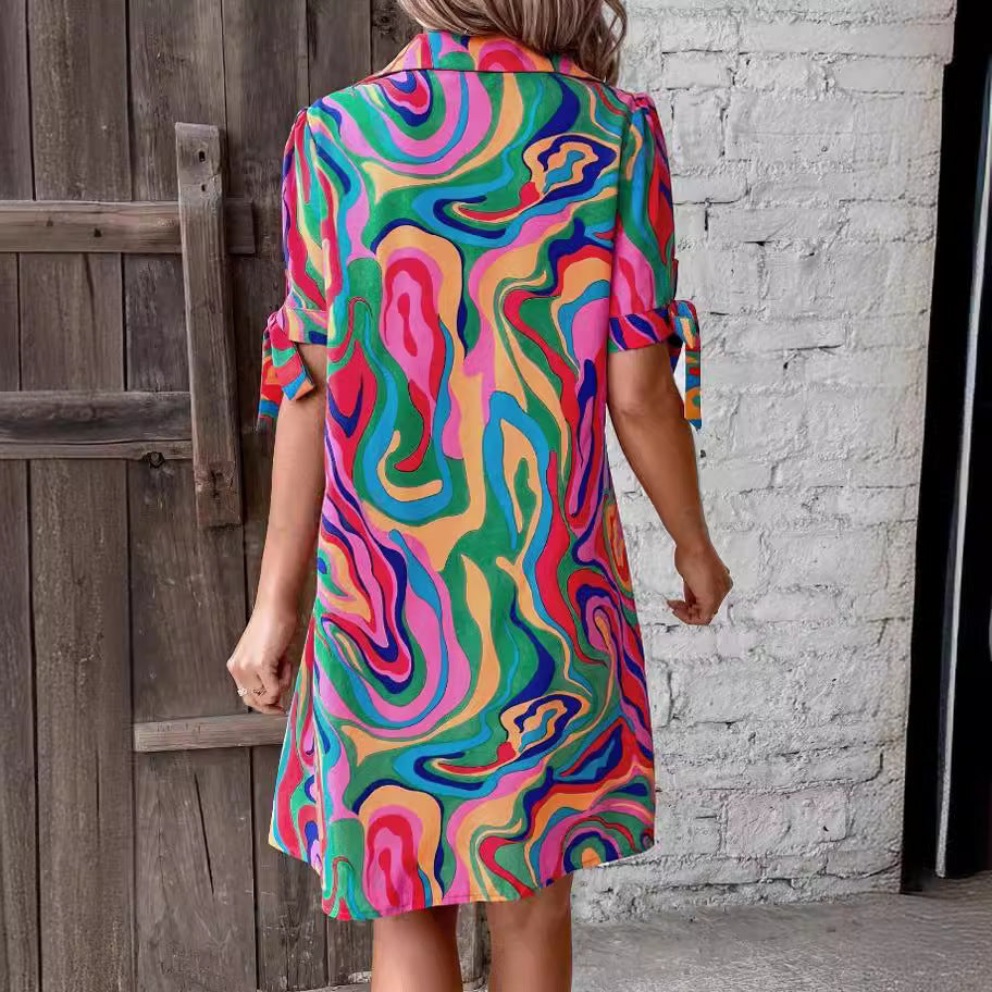 Casual Fluid Print Shirt Dress with Half Sleeves and Bow Detail