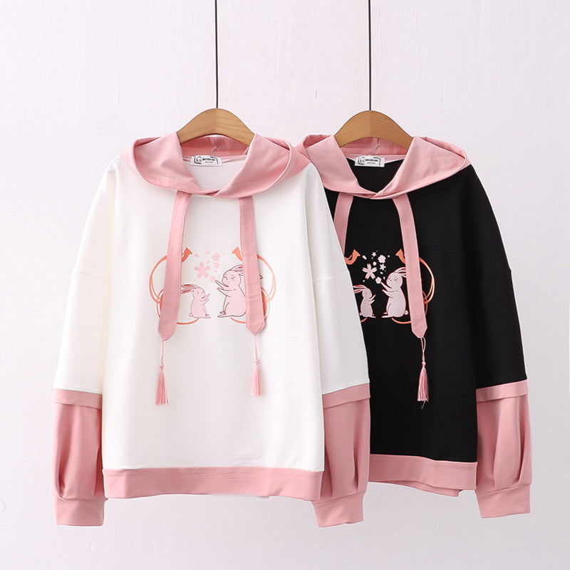 Cartoon Double Rabbit Print Hooded Student Hoodie