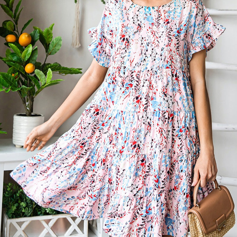 Short Sleeve Printed Dress Summer Casual Layered Ruffles