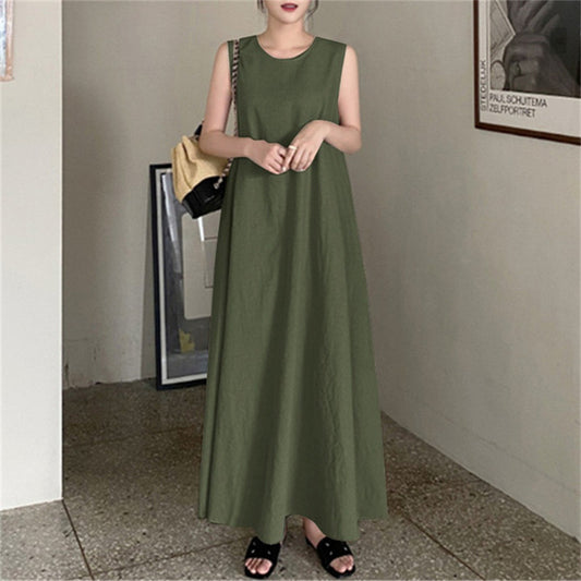 Cotton Linen Loose Round Neck Sleeveless Large Swing Dress For Women